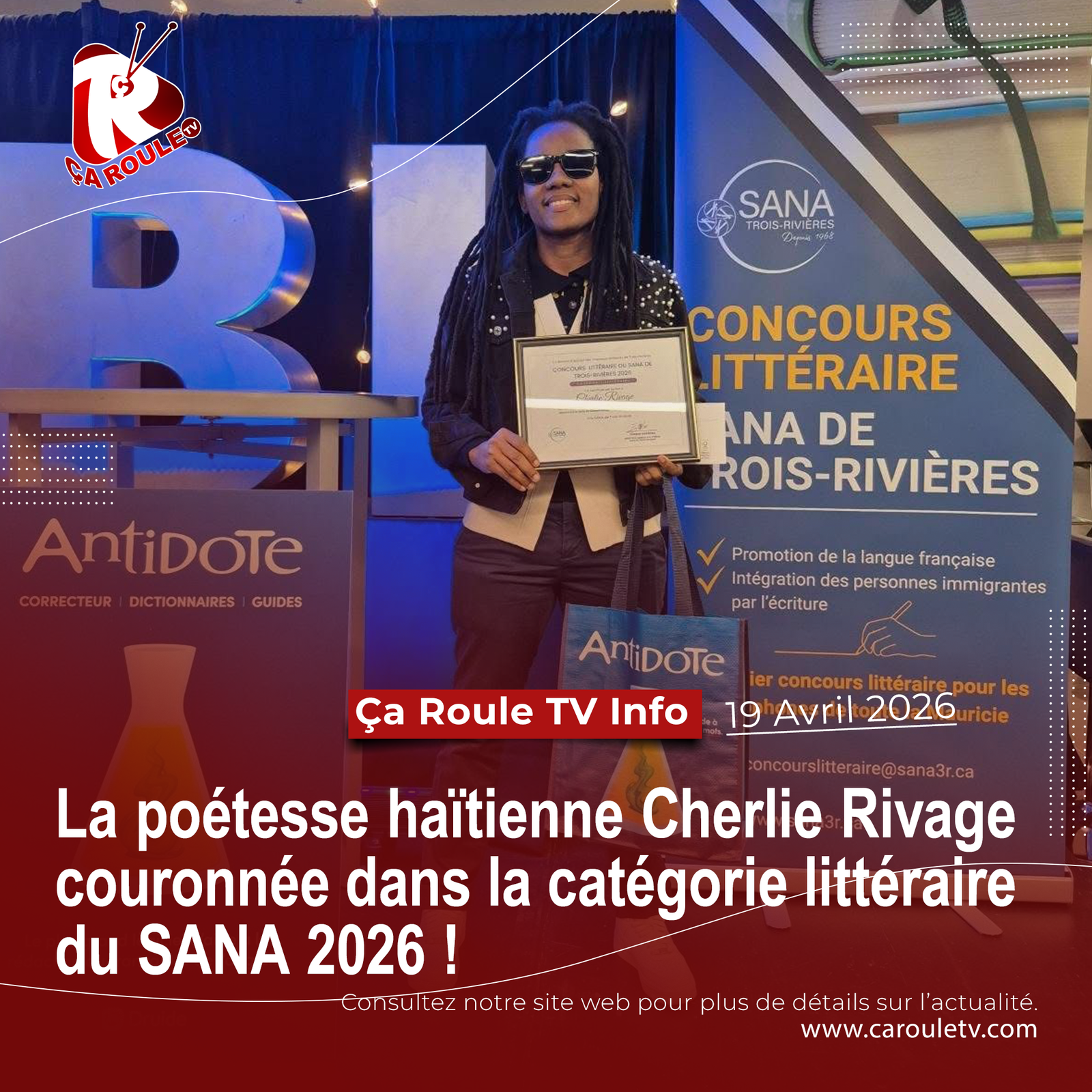 La poétesse haïtienne Cherlie Rivage couronnée dans la catégorie littéraire du SANA 2026 !